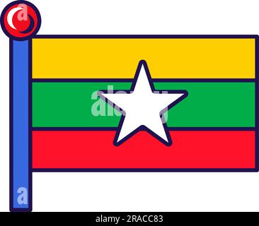 Bandiera nazionale dell'unione del Myanmar sul vettore della bandiera. Tribanda orizzontale di giallo, verde e rosso con stella bianca al centro del simbolo ufficiale di indipendenza Illustrazione Vettoriale
