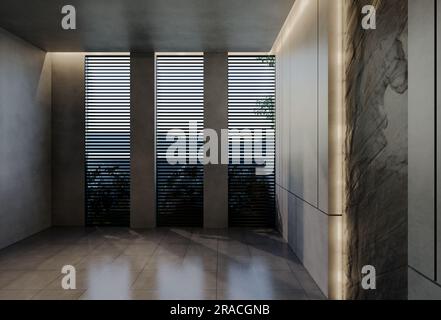 Moderno design degli interni vuoto, con tonalità naturali sulla camera, sulle pareti, sul pavimento e sul soffitto. illustrazione del rendering 3d. Foto Stock
