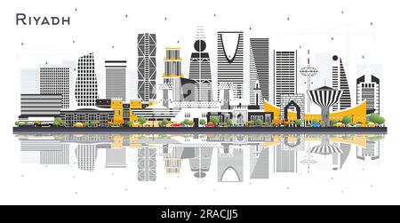 Skyline di Riyadh, Arabia Saudita, con edifici colorati e riflessi isolati sul bianco. Illustrazione vettoriale. Illustrazione Vettoriale