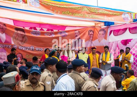 28 giugno 2023 Uttarakhand, India. Uttarakhand Capo Ministro Pushkar Singh Dhami sul palco. Politica indiana. Foto Stock
