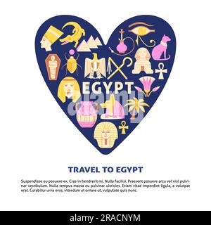 Poster con icone egiziane in stile piatto. Simboli nazionali tra cui faraone, Sfinge e piramidi. Illustrazione vettoriale con posizione per il testo. Illustrazione Vettoriale