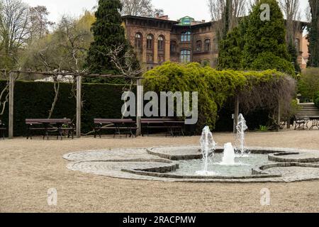 Piccola fontana decorativa in pietra nel giardino botanico di Breslavia. Design paesaggistico con panchine in legno. Concetto di natura per il design. Foto Stock