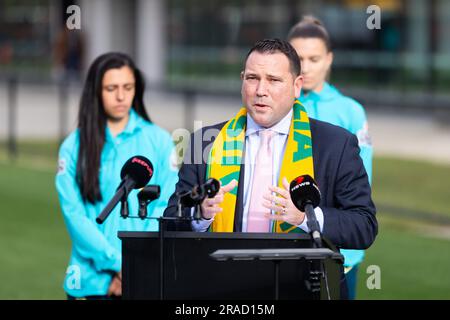 Melbourne, Victoria, Australia. 3 luglio 2023. MELBOURNE, AUSTRALIA - 03 LUGLIO: James Johnson, CEO di Football Australia all'apertura ufficiale della struttura di allenamento australiana Matildas e annuncio della squadra della Coppa del mondo femminile FIFA 2023 alla la Trobe University il 3 luglio 2023 a Melbourne, Australia. (Immagine di credito: © Chris Putnam/ZUMA Press Wire) SOLO USO EDITORIALE! Non per USO commerciale! Foto Stock