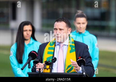 Melbourne, Victoria, Australia. 3 luglio 2023. MELBOURNE, AUSTRALIA - 03 LUGLIO: James Johnson, CEO di Football Australia all'apertura ufficiale della struttura di allenamento australiana Matildas e annuncio della squadra della Coppa del mondo femminile FIFA 2023 alla la Trobe University il 3 luglio 2023 a Melbourne, Australia. (Immagine di credito: © Chris Putnam/ZUMA Press Wire) SOLO USO EDITORIALE! Non per USO commerciale! Foto Stock