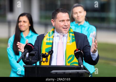 Melbourne, Victoria, Australia. 3 luglio 2023. MELBOURNE, AUSTRALIA - 03 LUGLIO: James Johnson, CEO di Football Australia all'apertura ufficiale della struttura di allenamento australiana Matildas e annuncio della squadra della Coppa del mondo femminile FIFA 2023 alla la Trobe University il 3 luglio 2023 a Melbourne, Australia. (Immagine di credito: © Chris Putnam/ZUMA Press Wire) SOLO USO EDITORIALE! Non per USO commerciale! Foto Stock