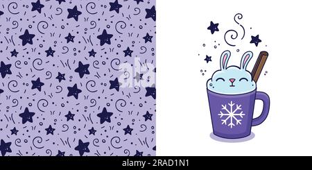 Bevanda natalizia disegnata a mano con coniglio di marshmallow, cannella in stile doodle per disegnare abiti per bambini. Cartolina con bevanda calda invernale e motivo senza cuciture. Illustrazione vettoriale. Illustrazione Vettoriale