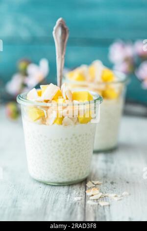 Budino di tapioca con cocco e mango Foto Stock