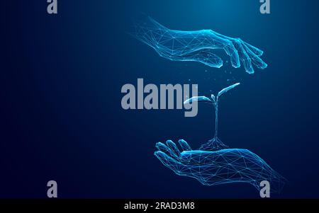 Le mani digitali astratte proteggono uno Sprout. Illustrazione Vettoriale