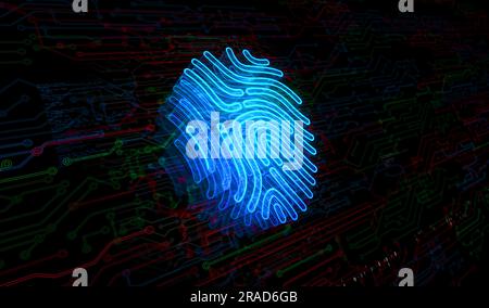 Concetto digitale di identificazione biometrica informatica per impronte digitali, simbolo di identità e privacy. Rete, cyber tecnologia e sfondo informatico astratto 3d. Foto Stock