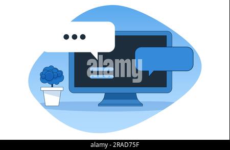 Concetto di chat bot. Desktop con bolle di chat. Stile semplice. Illustrazione vettoriale. Illustrazione Vettoriale