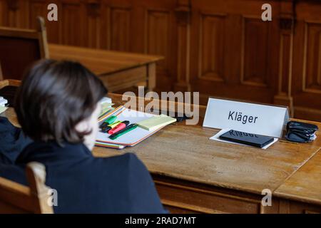 Bamberga, Germania. 3 luglio 2023. Una donna che fa causa al produttore di vaccini AstraZeneca per danni siede prima dell'inizio di un'udienza d'appello presso il Tribunale regionale superiore di Bamberg (OLG). La donna aveva citato in giudizio la società per danni a seguito di gravi reclami di salute che attribuiva alla vaccinazione con il vaccino Covid-19 del produttore britannico-svedese. La causa è stata respinta perché la camera non ha potuto trovare né un difetto di prodotto né un errore di informazione in relazione al vaccino. Credito: Daniel Karmann/dpa/Alamy Live News Foto Stock