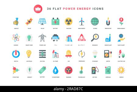 Pannelli solari e mulini eolici, centrali nucleari e idriche, auto elettriche, mentalità ecologica per salvare il pianeta. Ricerche di innovazione nel settore dell'energia e della produzione di energia, icone piatte alla moda illustrano i vettori Illustrazione Vettoriale