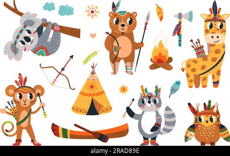Animali boho tribali boschivi, clipart di caccia degli animali da cartoni animati. Personaggi selvatici nordici, koala, procione e giraffa. Adesivi vettoriali di classe infantile Illustrazione Vettoriale