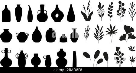 Vasi neri, piante ramificano sagome. Forme geometriche dei vasi, simboli decorativi isolati floreali. Arredi moderni ed eleganti elementi vettoriali Illustrazione Vettoriale