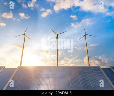 Concetto di energia alternativa con rendering 3d di turbine eoliche e pannelli solari contro il cielo blu Foto Stock