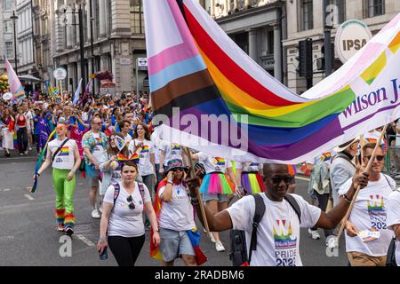 Londra, Regno Unito. 1 luglio 2023. Migliaia di persone partecipano alla sfilata Pride in London. Oltre un milione di persone hanno assistito alla 51° sfilata annuale del Pride, alla quale si stima che 30.000 persone abbiano partecipato da oltre 600 organizzazioni, tra cui molti gruppi di comunità LGBT+. Crediti: Mark Kerrison/Alamy Live News Foto Stock