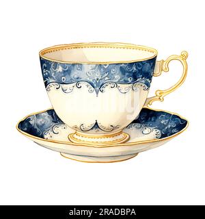 Illustrazione acquerello. Tazza di tè o caffè blu isolata su sfondo bianco. Un'antica tazza con un motivo blu e un bordo dorato Foto Stock