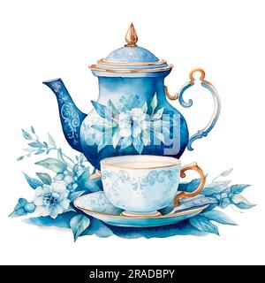 Composizione acquerello di teiera, tazza e fiori blu. Illustrazione in stile vintage isolata su sfondo bianco. Foto Stock