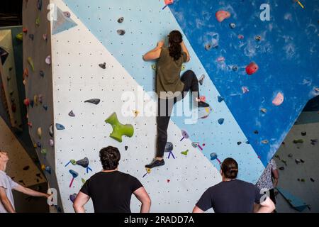 Le pareti di arrampicata della palestra Fergs Kayaks Rock Climbing nell'area del porto, Wellington, capitale, nuova Zelanda Foto Stock