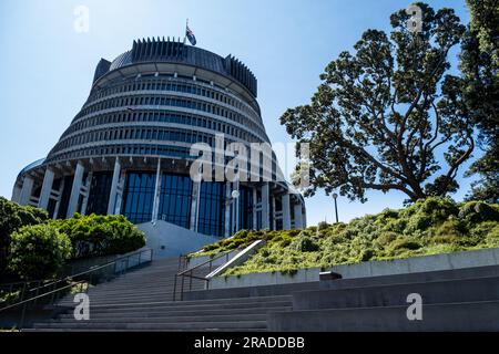 Il Parlamento, conosciuto come "l'alveare" sotto un cielo azzurro e cristallino in una tranquilla domenica pomeriggio nel centro di Wellington, nuova Zelanda Foto Stock