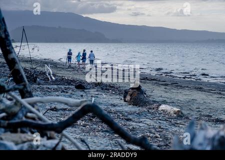 Una famiglia che girovaga lungo il mare a Pōhara Beach nella regione costiera di Takaka della Golden Bay vicino al parco nazionale di Abel Tasman a South Island, nuova Zelanda Foto Stock