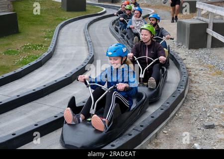 I turisti apprezzano lo Skyline Luge sul Bob's Peak sopra Queenstown, nell'Isola Sud della nuova Zelanda. Foto: Rob Watkins Foto Stock