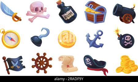 Icone di gioco pirata. Oggetto 3d Pirate Gear, elementi della collezione dei vecchi pirati, accessori avventura caraibica, oggetti del casinò dei cartoni animati pirati giochi ingegnosi illustrazioni vettoriali Illustrazione Vettoriale