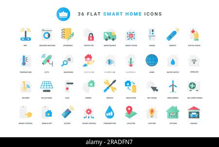 Automazione del sistema della casa digitale e accesso wireless a dispositivi, luce e temperatura, energia elettrica e supporto per elettrodomestici. Tecnologia Smart Home icone piatte alla moda per un'illustrazione vettoriale Illustrazione Vettoriale