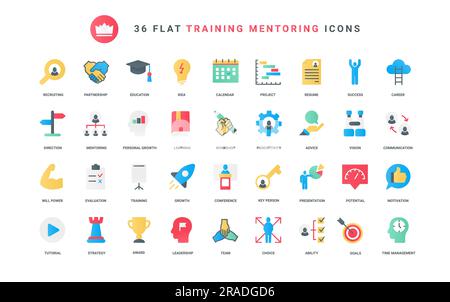 Guida e gestione di esperti aziendali, formazione per potenziali leader di talento, lavoro di squadra. Consigli di mentori, direzione e coaching, icone piatte di tendenza di leadership, illustrazioni vettoriali Illustrazione Vettoriale