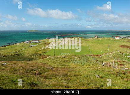 Campo da calcio Eriskay, Eriskay Island, Ebridi esterne, Scozia, Regno Unito, Europa Foto Stock