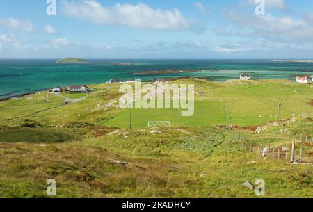 Campo da calcio Eriskay, Eriskay Island, Ebridi esterne, Scozia, Regno Unito, Europa Foto Stock