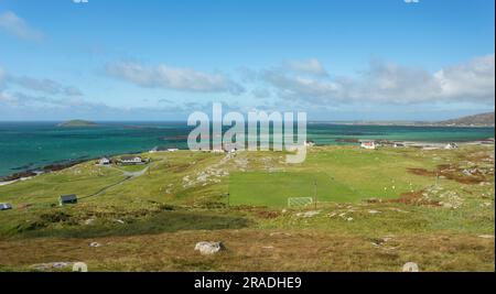 Campo da calcio Eriskay, Eriskay Island, Ebridi esterne, Scozia, Regno Unito, Europa Foto Stock