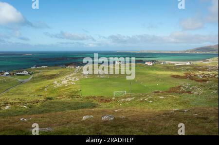 Campo da calcio Eriskay, Eriskay Island, Ebridi esterne, Scozia, Regno Unito, Europa Foto Stock