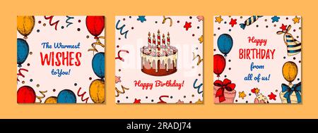 Set di biglietti d'auguri di buon compleanno. Design disegnato a mano. Sfondo natalizio. Invito alla festa di anniversario. Illustrazione vettoriale Illustrazione Vettoriale