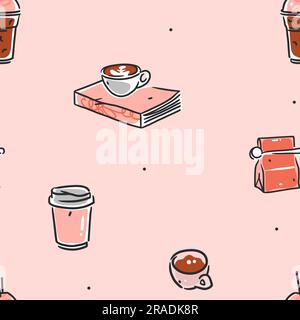 Strumenti da caffè disegnati a mano modello senza cuciture.illustrazioni vettoriali di tendenza per il menu di bar e ristoranti.design di bar disegnati a mano Illustrazione Vettoriale