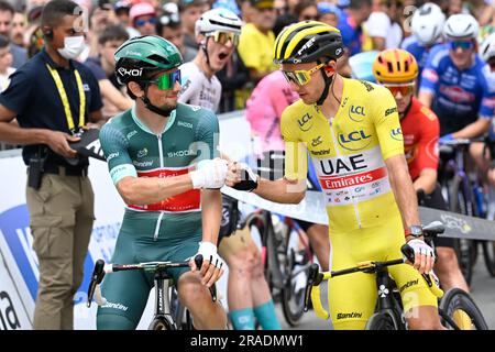 Amorebieta Etxano, Spagna. 3 luglio 2023. Il francese Victor Lafay di Cofidis e il britannico Adam Yates dell'UAE Team Emirates nella foto di partenza della terza tappa del Tour de France, una corsa di 187 km da Amorebieta-Etxano a Bayonne, Francia, lunedì 03 luglio 2023. Il Tour de France di quest'anno si svolge dal 1° al 23 luglio 2023. BELGA PHOTO DIRK WAEM Credit: Belga News Agency/Alamy Live News Foto Stock