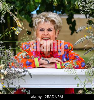 Hampton Court Palace, Surrey, Regno Unito. 3 luglio 2023. La presentatrice televisiva Gloria Hunniford, OBE, con l'iconico cartello RHS. Press Day all'annuale RHS Hampton Court Palace Garden Festival, che si svolge dal 4 al 9 luglio 2023. Crediti: Imageplotter/Alamy Live News Foto Stock