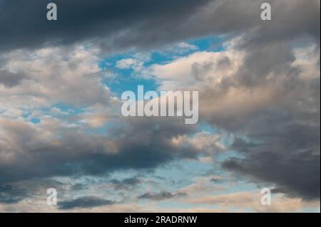 Splendido cielo nuvoloso serale con rondini vertiginose sullo sfondo delle nuvole. Nuvole di Cumulus e spazi vuoti di cielo azzurro. Foto Stock