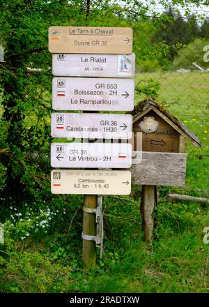 Cartello indicante i percorsi escursionistici GR e la direzione nella strada di campagna sud della francia Foto Stock