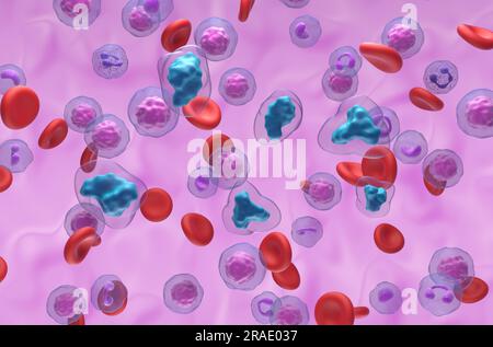 Molecole di codeina nel flusso sanguigno - visualizzazione isometrica illustrazione 3d. Foto Stock