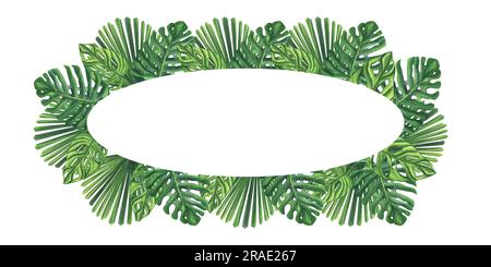 Intelaiatura ovale per striscioni con foglie di palmo verdi. Monstera Likuala. Giungla tropicale esotica fogliame. Illustrazione ad acquerello disegnata a mano isolata su sfondo bianco Foto Stock