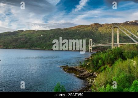 Tipica vista norvegese del ponte sul fiordo. Colorata giornata estiva in Norvegia. Concetto di viaggio. Immagine artistica. Il mondo della bellezza. Alta qualità Foto Stock