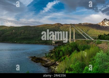 Tipica vista norvegese del ponte sul fiordo. Colorata giornata estiva in Norvegia. Concetto di viaggio. Immagine artistica. Il mondo della bellezza. Alta qualità Foto Stock
