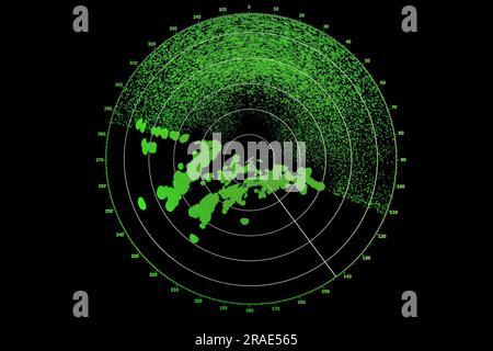 Schermo radar con indicazione verde su sfondo nero, foto ravvicinata con struttura pixel Foto Stock