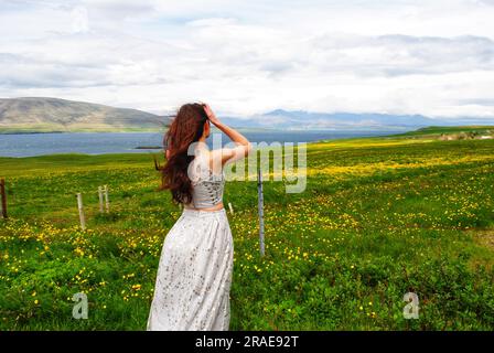 Una donna con un abito in argento scintillante guarda i fiori gialli in un campo vicino a Mossfellsbaer, Islanda. Foto Stock