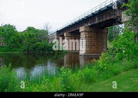 Ponte ferroviario sostenuto da bellissimi pilastri in pietra, che attraversa il fiume Napanee a Springside Park a Napanee, Ontario, Canada -01 Foto Stock