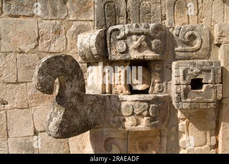 Scultura in pietra, dello stregone, della piramide di Adivino, Uxmal, Yucatan, Messico Foto Stock
