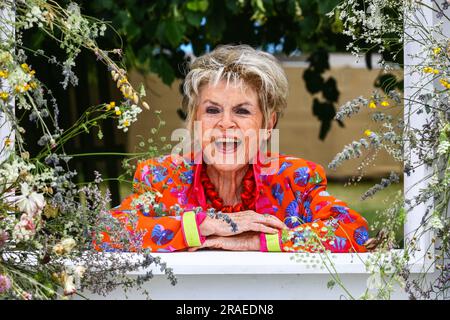 Hampton Court Palace, Surrey, Regno Unito. 3 luglio 2023. La presentatrice televisiva Gloria Hunniford, OBE, nell'iconico cartello RHS. Press Day all'annuale RHS Hampton Court Palace Garden Festival, che si svolge dal 4 al 9 luglio 2023. Crediti: Imageplotter/Alamy Live News Foto Stock