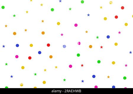 Coriandoli colorati di stelle e cerchi su uno sfondo bianco isolato. rendering 3d. Foto Stock