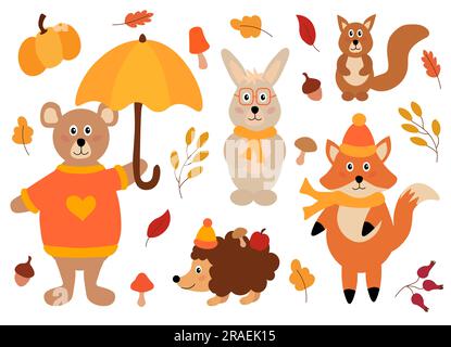 Indossa gli adorabili animali autunnali con cappello, sciarpa, ombrello. Lepre selvatica, riccio, volpe, scoiattolo e orso. Autunno accogliente. Illustrazione vettoriale in stile piatto. Illustrazione Vettoriale